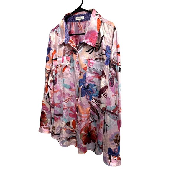 Calvin Klein Womens Floral Button-Up Blouse Watercolor Long Sleeve Sz 2X - Picture 3 of 9